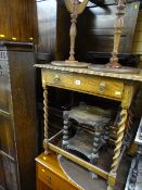 Barley twist oak single drawer side table, two reproduction wine tables and an oak two tier