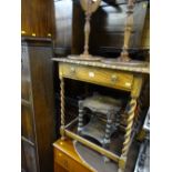 Barley twist oak single drawer side table, two reproduction wine tables and an oak two tier