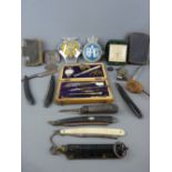 Mixed group of collectables including cut throat razors, AA and RAC badges, cased set of drawing