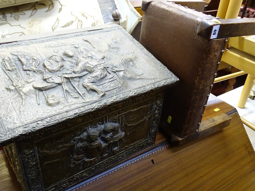 Repousse brass coal/log box and a rexine top footstool