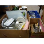 Box of Pyrex ware, box of kitchenware and vases and a mixed quantity of loose cutlery