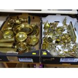 Two boxes of decorative brassware including trench art, horse brasses etc