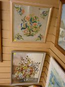 Framed fabric collage - still life flowers in a vase and a needlework panel of stylized flowers