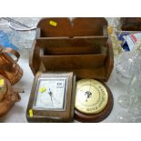 Two vintage style wall barometers, an oak book rack and a homemade wooden letter rack