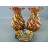 Pair of cranberry swirl glass vases and a colourful enamel decorated bowl