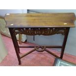 Slim reproduction mahogany hall table with fretwork detail