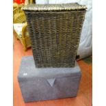 Modern upholstered blanket box and a wicker linen basket