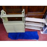 Edwardian painted two shelf wall cabinet, an open three shelf example and a blue vintage woollen