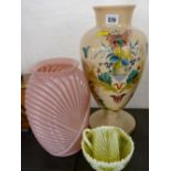 Victorian hand painted milk glass vase, an Art Deco ribbed example and a vaseline glass jug and