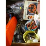 Box of garage items including jump lead, 6m extension reel, warning triangle etc E/T