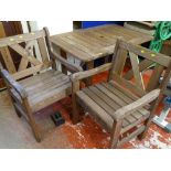 Wooden slatted garden bench and two substantial garden chairs