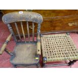 Antique child's farmhouse armchair and a string topped footstool