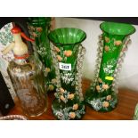 Three green glass enamel decorated vases and a Britannia advertising soda water syphon