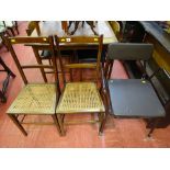 Pair of inlaid mahogany cane seated bedroom chairs and an invalid commode chair