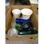 Box of pottery vases, two glass hyacinth vases and other glassware