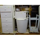 Parcel of painted furniture - five drawer chest, two stools, bedroom chair and a bucket shaped