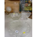 Vintage glass cakestand, three vases and two bowls