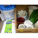 Box of planters and glass vases, bedding etc