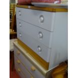 Modern three drawer circular mirrored dressing chest, an upholstered top stool and two three