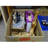 Treen ornaments, boxed 'Ms Wonderful' soft toy, portable fishing rod etc