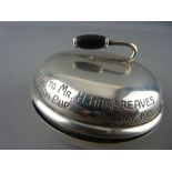 Unusual silver circular box in the form of a curling stone, presentation inscription reads '