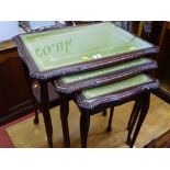 Reproduction set of three glass topped side tables with gilt tooled leather effect inserts