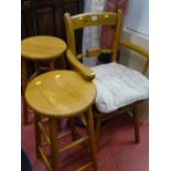 Modern pine farmhouse armchair and two circular topped bar stools