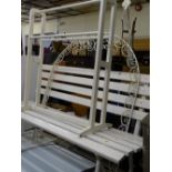 Wooden and metal white painted garden bench, a decorative metal arch and a towel airer