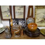 Good treen ornaments, wall barometer, mother of pearl decorated box etc