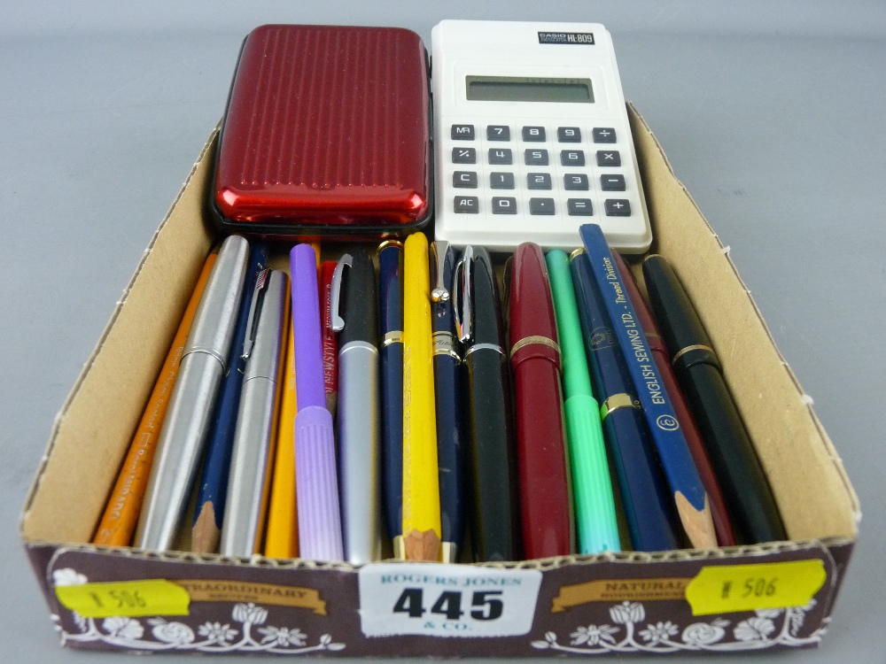 Collection of vintage Parker and other fountain pens, ballpoints and pencils, a vintage Casio
