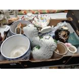 A box of mixed pottery including an interesting creamware tulip vase with floral decoration & lustre