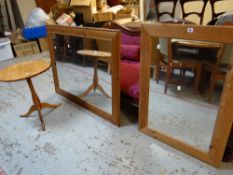 Two modern pine framed mirrors and a pine tripod table Condition reports provided on request by