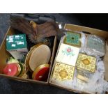 A box of antique pottery tiles and a box of mixed items including ornaments stands ETC Condition