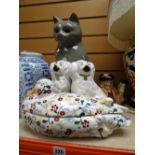 Pair of Staffordshire dogs, large ceramic cat and an Emma Bridgewater duck egg holder Condition