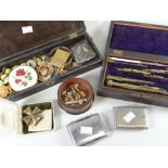Vintage cased drawing set & a glove box containing various items including cigarette cases,