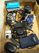 Box of approx. ten cameras, lenses, binoculars including a Minolta 7, Minolta Highmatic F camera ETC