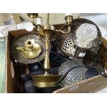 Box of mixed metalware including weighing scales, table lamp, decanter ETC Condition reports