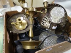 Box of mixed metalware including weighing scales, table lamp, decanter ETC Condition reports