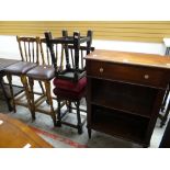 A reproduction mahogany effect open bookcase with top drawer, a pair of bar stools with cushioned