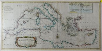 Coloured framed map entitled 'A Correct Chart of the Mediterranean Sea' from Mr Tindal's