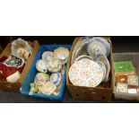 Three boxes of mixed pottery & china including Minton Haddon Hall and a tub of tiles (3 boxes, 1