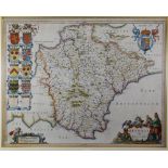 Antiquarian coloured map laid on board of Devonia (Devon) by J BLAEU, 39 x 50cms Condition reports