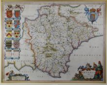 Antiquarian coloured map laid on board of Devonia (Devon) by J BLAEU, 39 x 50cms Condition reports