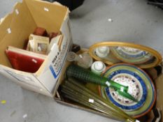Crate of mixed china, glass, small bamboo mirror, parcel of vintage books including Beatrix Potter
