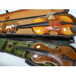 A vintage Czechoslovakian cased violin & bow together with a smaller cased violin & bow (both