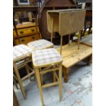 Modern pine rectangular coffee table together with drop leaf occasional table, three matching stools