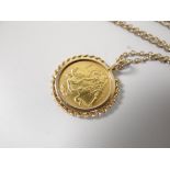 A 1899 half gold sovereign mounted to fine yellow metal necklace Condition reports provided on