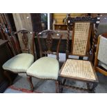 Pair of carved antique chairs, a barley-twist caned chair, an inlaid bedroom chair and a pair of