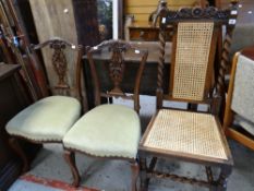 Pair of carved antique chairs, a barley-twist caned chair, an inlaid bedroom chair and a pair of
