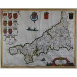 A coloured antiquarian map of Cornwall by J BLAEU, 40 x 51cms Condition reports provided on
